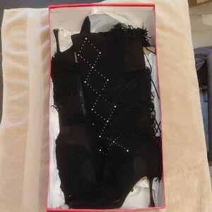 Chic Black Fringe Knee-High Boots with Studs